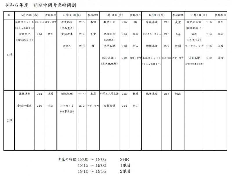 R6前期中間考査時間割