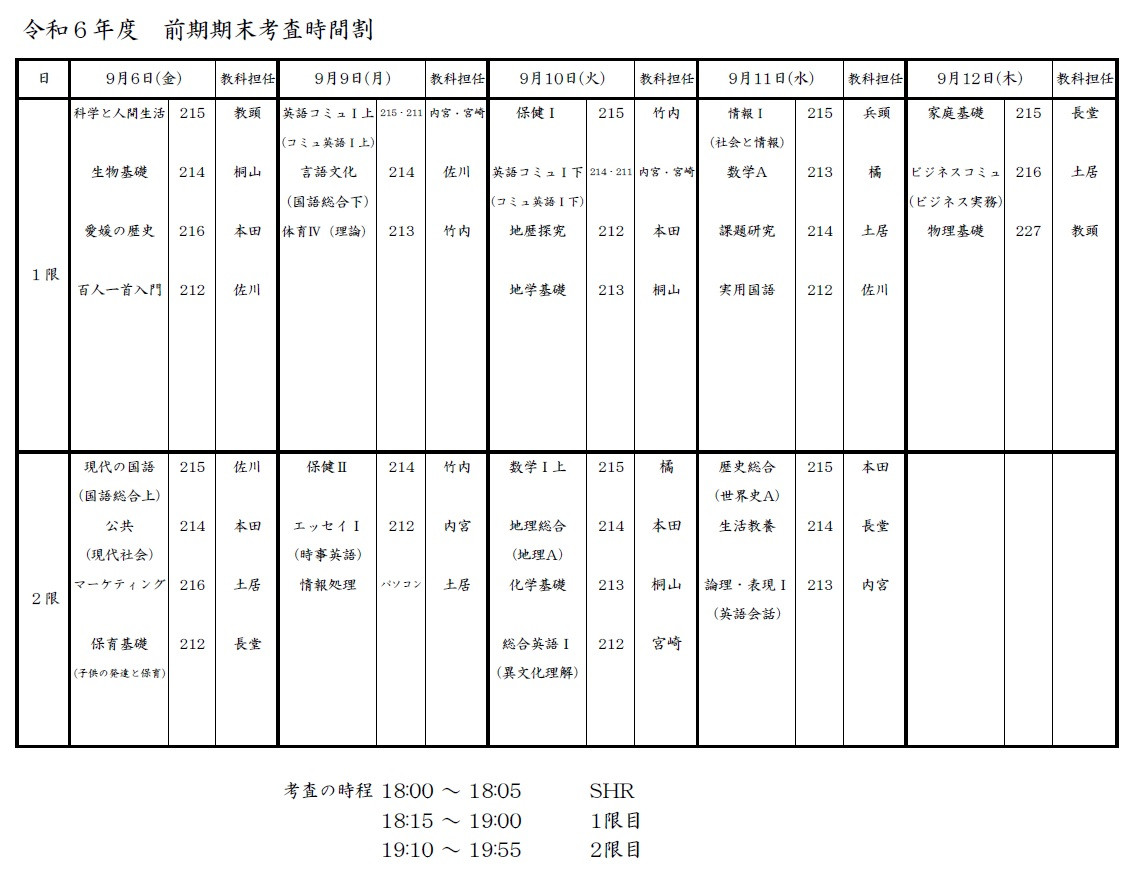 R6前期期末考査時間割