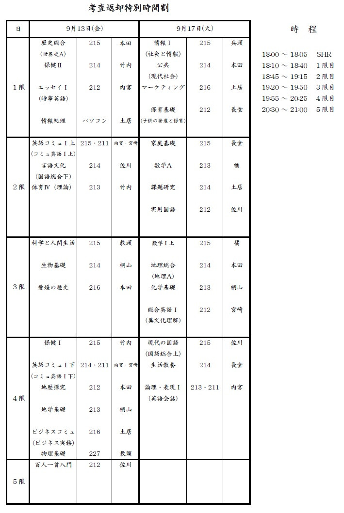 R6前期期末考査返却時間割