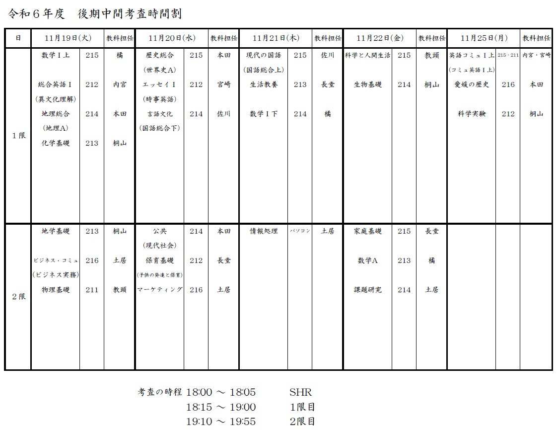 R6後期中間考査時間割