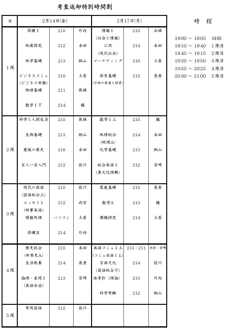 R6後期期末考査返却時間割