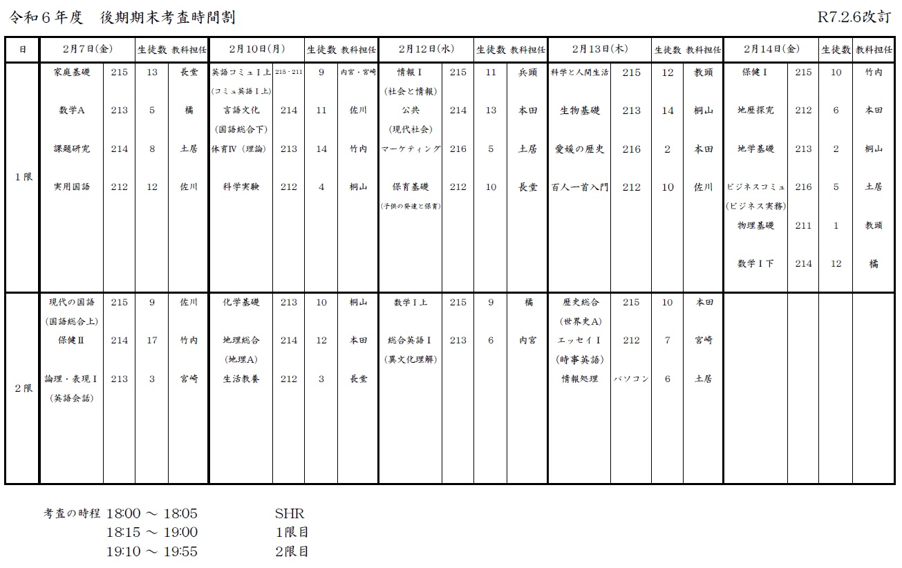 R6後期期末考査時間割　2.7改訂