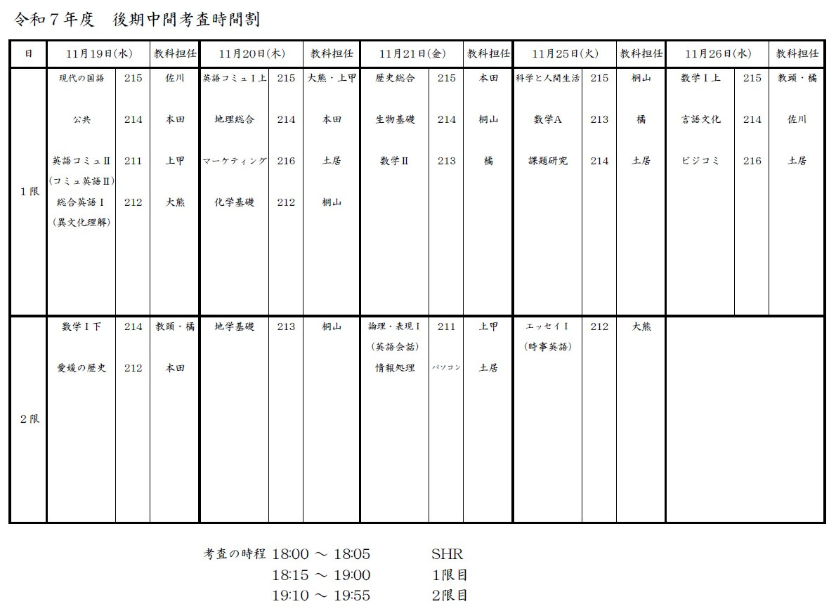 R7後期中間考査時間割